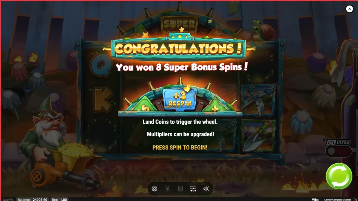 Tampilan visual slot Lawn N’ Complete Disorder dengan tema taman yang terbakar