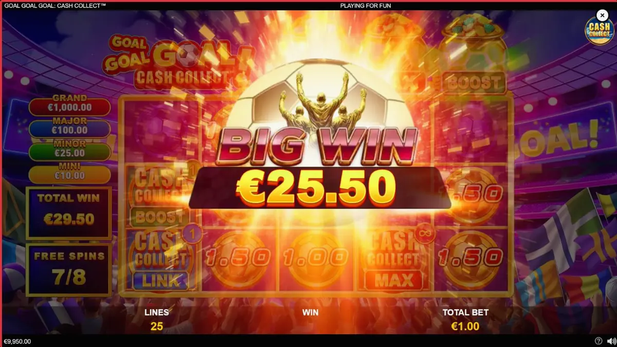 Tampilan visual slot Goal Goal Goal: Cash Collect dengan tema stadion sepak bola