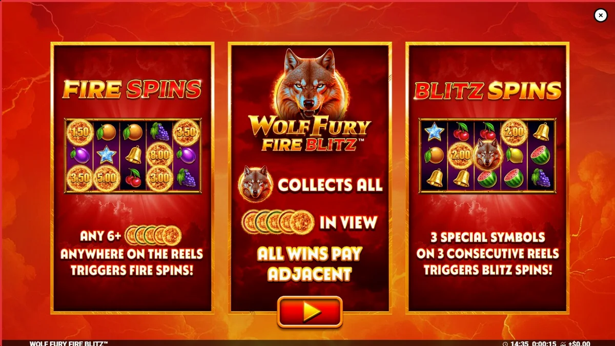 Tampilan layar permainan slot Wolf Fury Fire Blitz dengan simbol buah dan serigala.